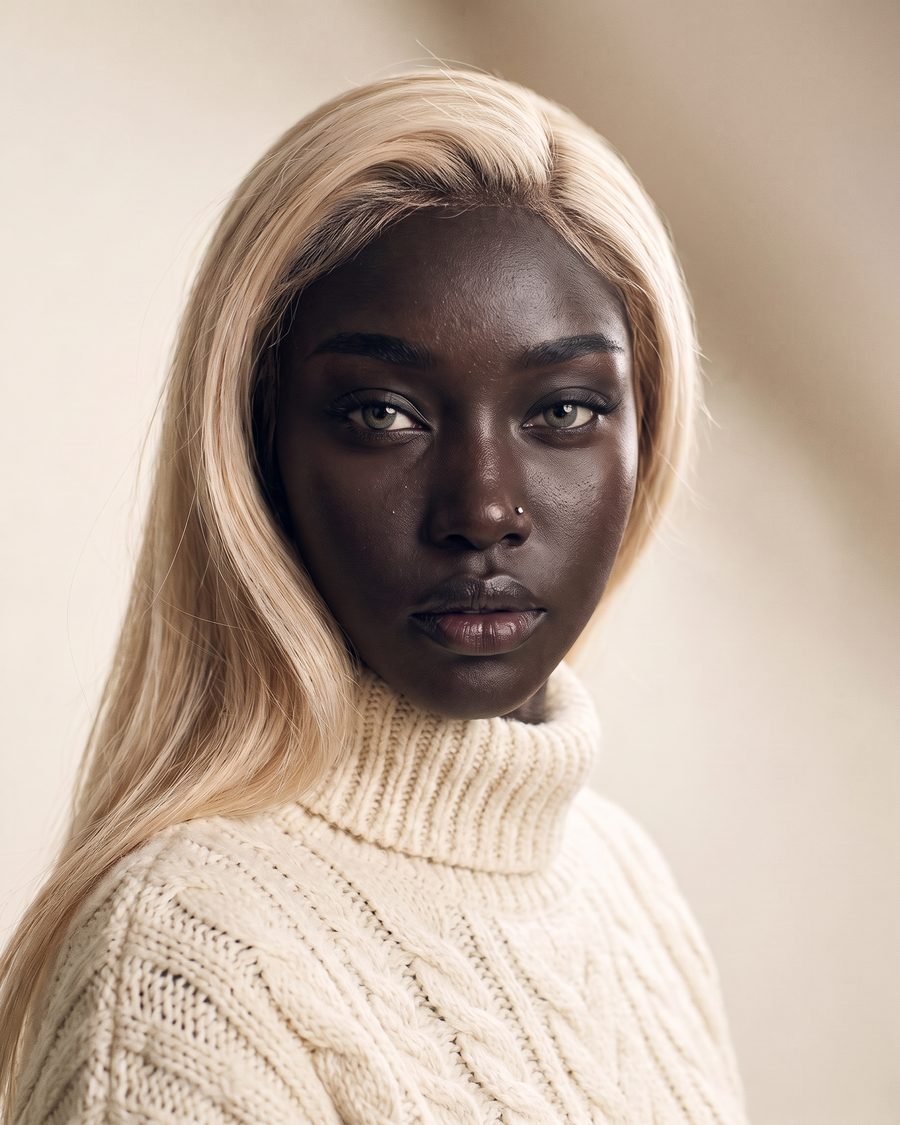 Close-up portrait of Aïra, platinum blonde hair, cream cable-knit turtleneck