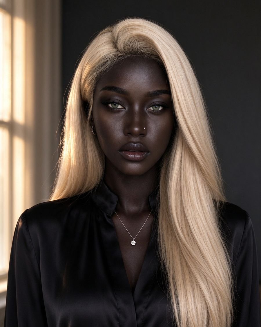 Close-up portrait of Aïra, platinum blonde hair, black satin shirt