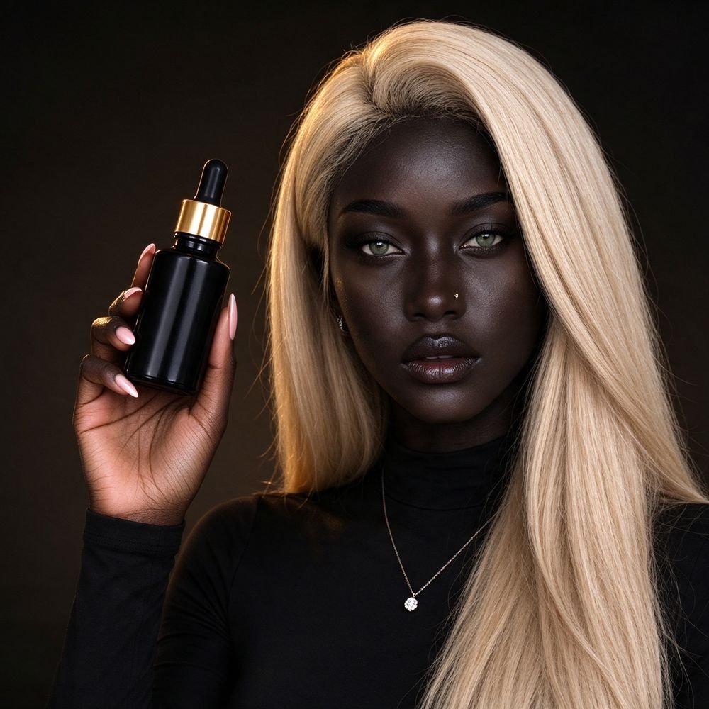 Aïra holding a black dropper bottle with a gold cap, beauty campaign look