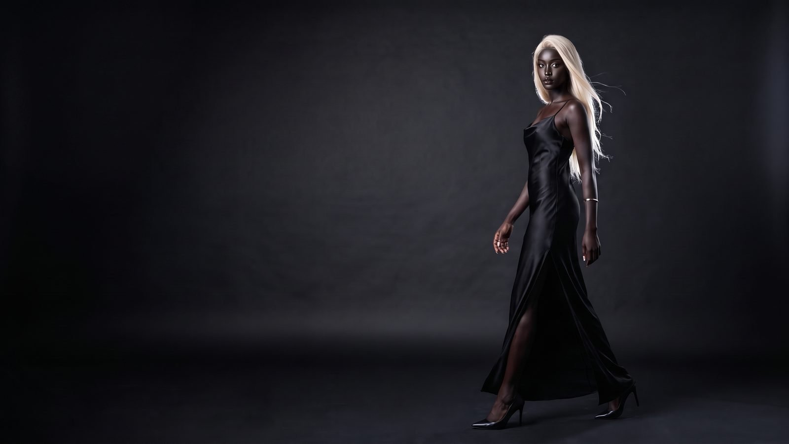 Aïra, virtual artist, full-length in a black silk slip dress, walking in a dark studio