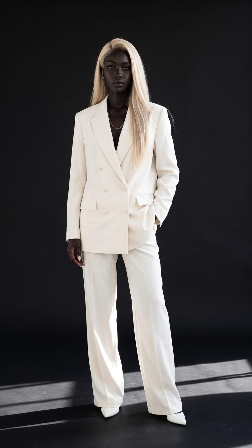 Aïra look 1: white tailored trouser suit on a black studio backdrop