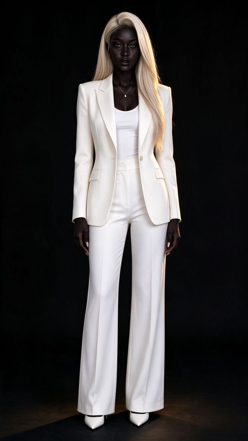Aïra look 1: white tailored trouser suit in a black studio