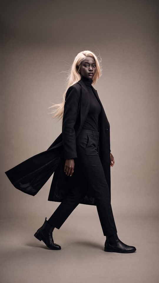 Aïra, Look n°2 : long manteau noir en mouvement