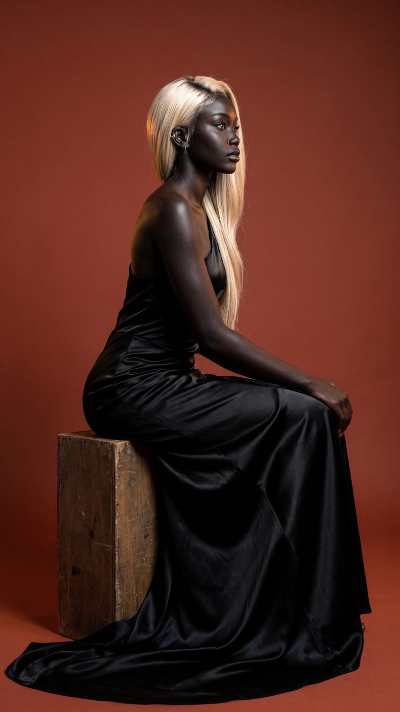 Aïra look 3: black satin evening gown, seated on a wooden box against terracotta
