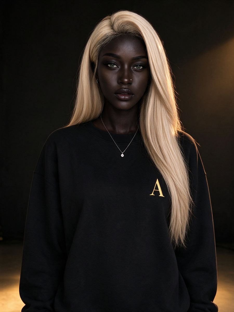 Aïra wearing the black capsule sweatshirt with a gold “A” monogram, concept visual