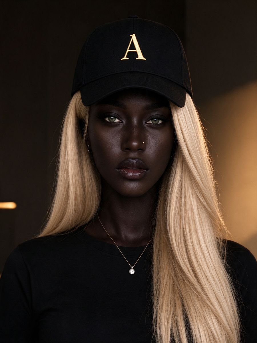 Aïra wearing the black capsule cap with a gold “A” monogram, concept visual