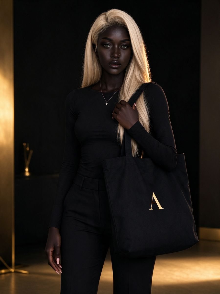 Aïra carrying the black capsule tote bag with a gold “A” monogram, concept visual