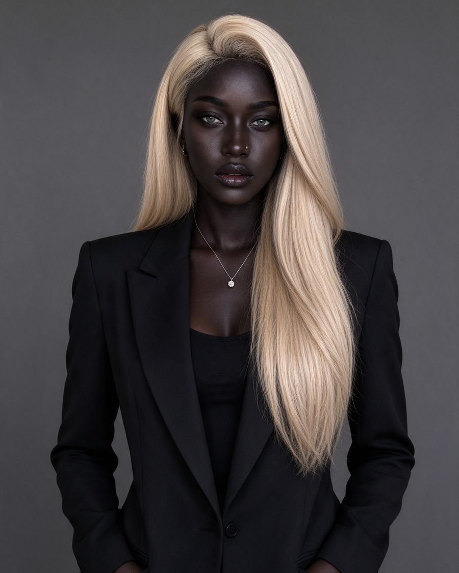 Studio portrait of Aïra in a black blazer on a grey background