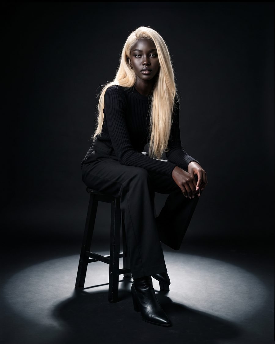 Aïra, artiste virtuelle, assise sur un tabouret sous une douche de lumière, pull noir